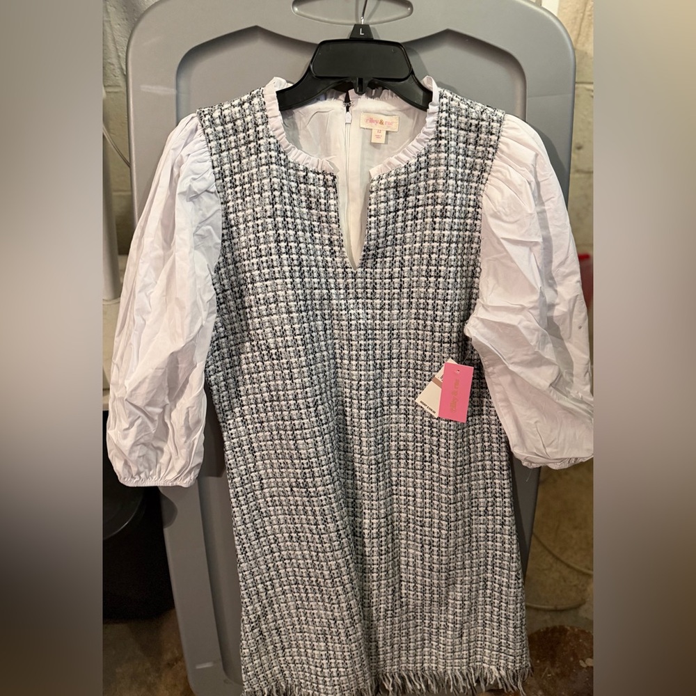 Riley & Rae Black and White Tweed Shift with White Puff Sleeves